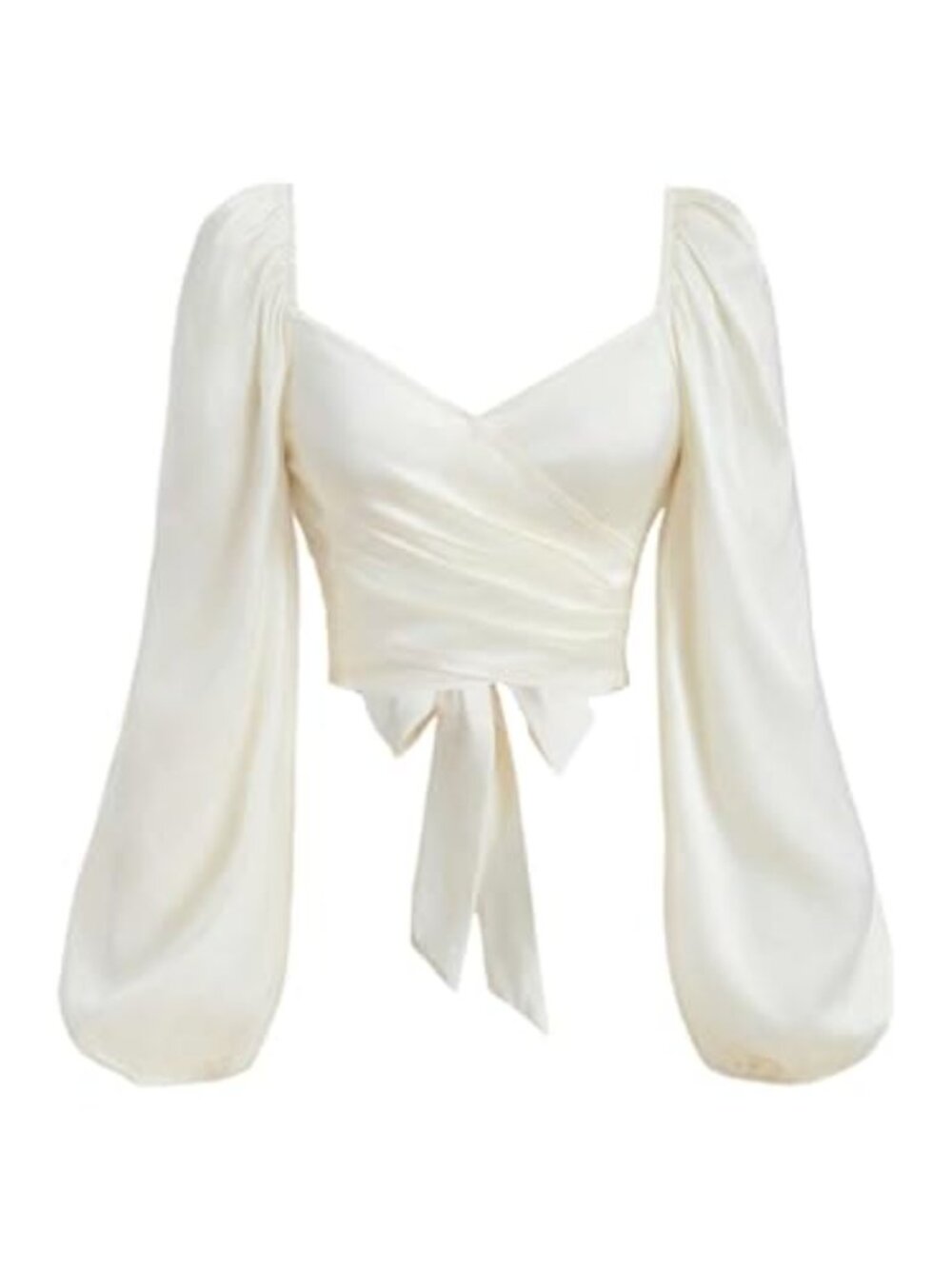 Satin Crop Top Long Sleeve Wrap Ruched Bow Tie Back Blouse